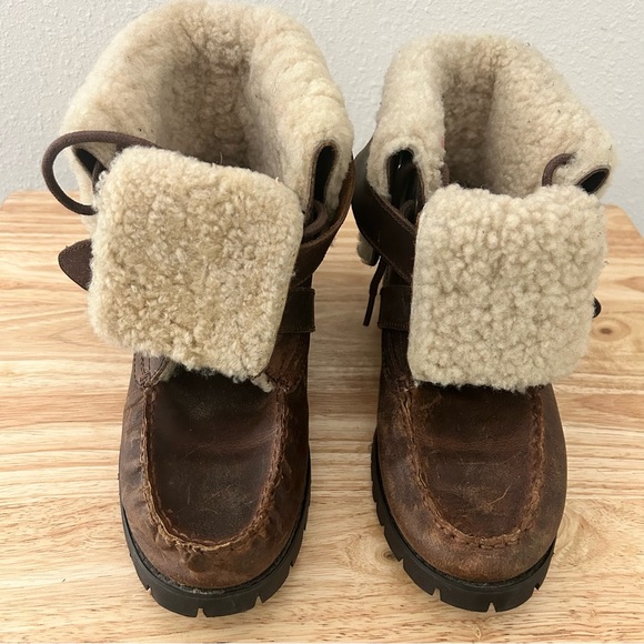 Ralph Lauren Brown Leather Shearling Boots | Cozy Winter Buckle Boots Size 7 - Picture 2 of 12